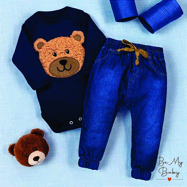 Conjunto Para Bebê Body E Calça Jeans Bordado Urso - Marinho