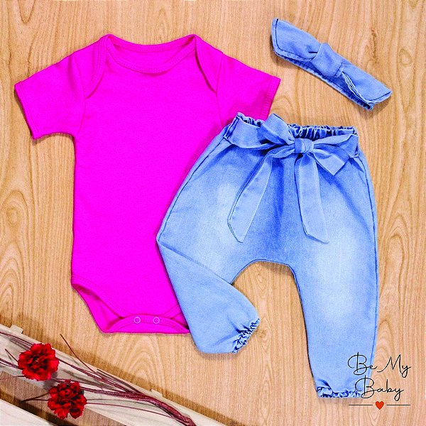 Conjunto Para Bebê Body Curto e Calça Jeans Com Faixinha Pink