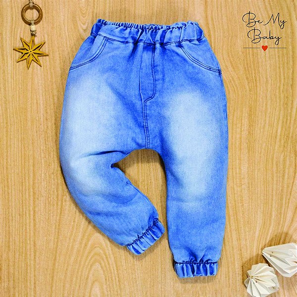 Calça Para Bebê Jeans Jogger Bolsinho Bordado - Azul Claro