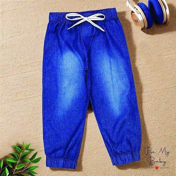 Calça Jogger Infantil Jeans Escuro - Cordão Tracejado