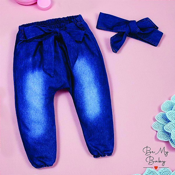Calça E Faixinha Em Jeans Lavagem Escura Para Bebê