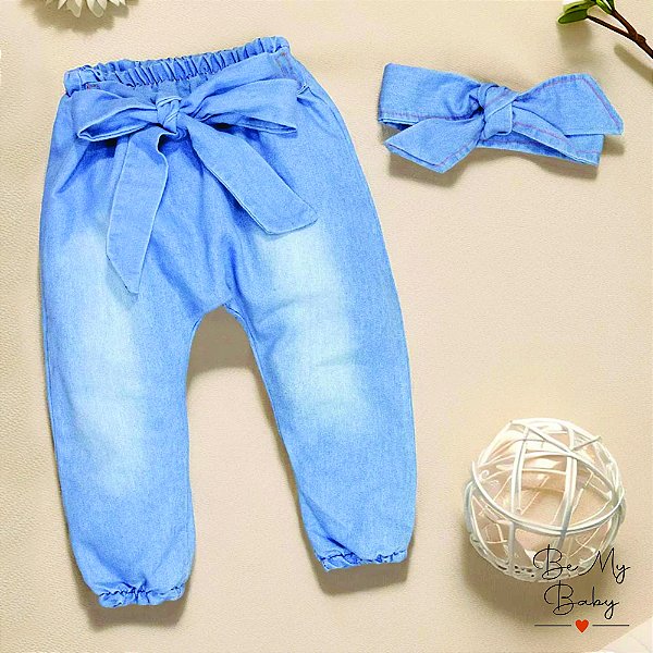 Calça E Faixinha Em Jeans Lavagem Clara Para Bebê