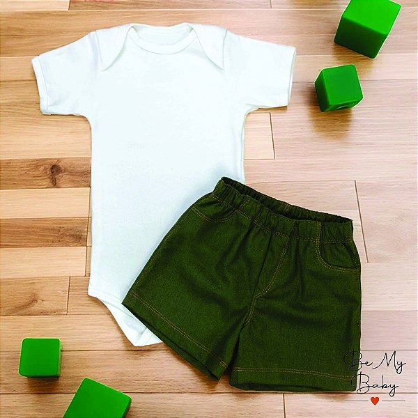 Conjunto Infantil Casual Linho Off White E Verde Escuro