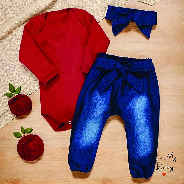 Conjunto Para Bebê Body e Calça Jeans Com Faixinha Vermelho