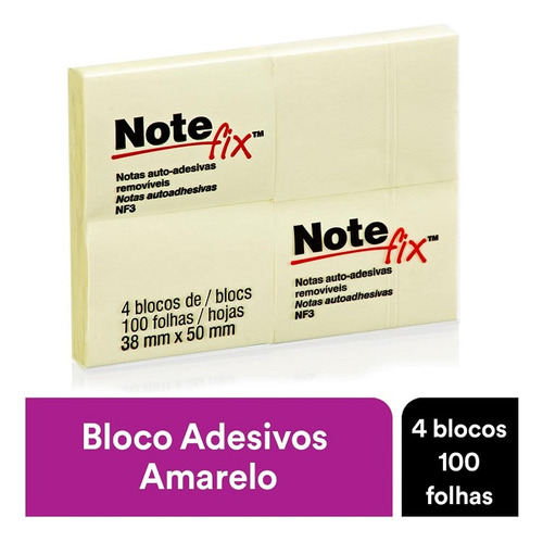 Bloco Adesivo Amarelo 38mm X 50mm 4 Blocos 100 Folhas 3M