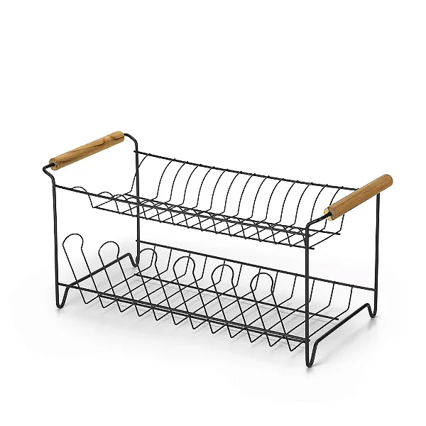 Escorredor Duplo Com Porta Talher Aço Preto Arthi