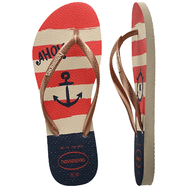 Chinelo Slim Nautical 37/38 Bege Palha Com Rosa Havaianas