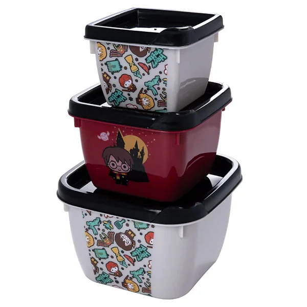 Conjunto 3 Potes Conect Quadrado Harry Potter 140 ml, 270 ml e 470 ml Plasutil
