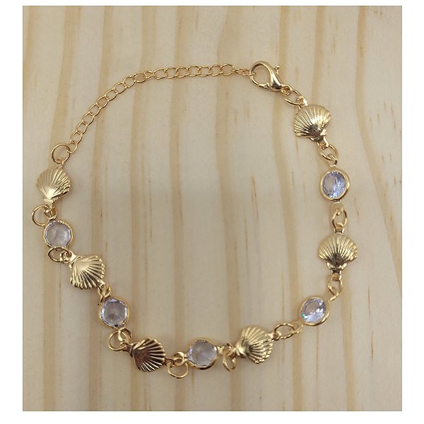Pulseira Folheada a Ouro 18K com Conchas e Cristais