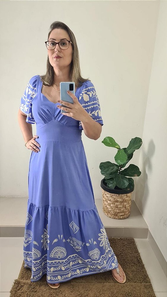 Vestido Azul Estampado Longo Viscolinho