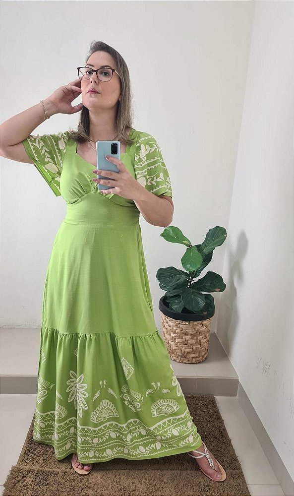 Vestido Verde Estampado Longo Viscolinho