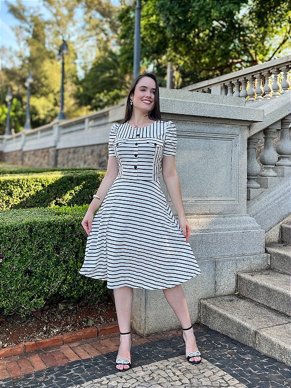 Vestido Ana Listrado Preto Elegante Midi