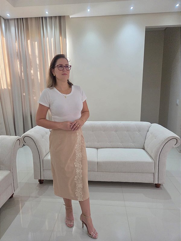 Saia Midi Nude Bordada