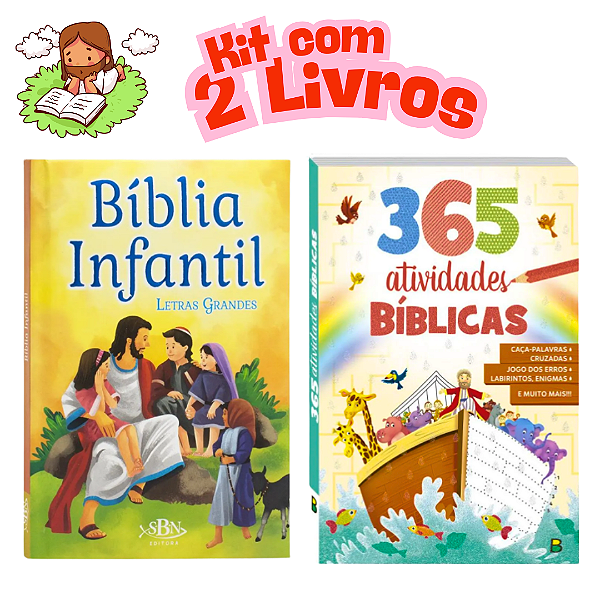 Kit Bíblia Infantil Capa Dura Letras Grandes + 365 Atividades Bíblicas