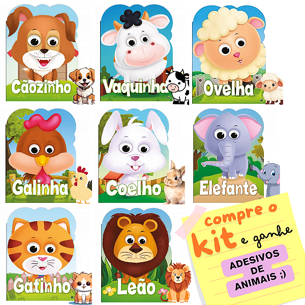 Kit com 8 Livros Infantis Olha Quem Sou! História dos Animais + 3 cartelas de adesivos