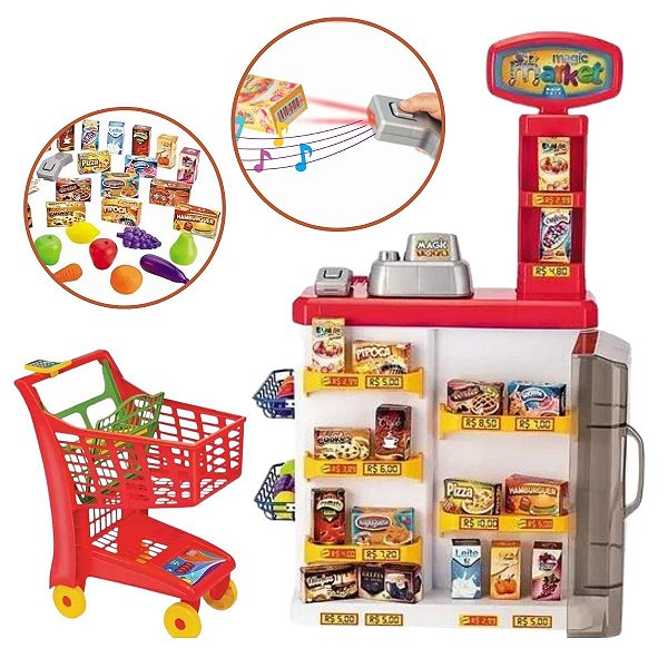 Mini Supermercado Completo – Com Alimentos Fictícios, Carrinho de Compras e Caixa Registradora!