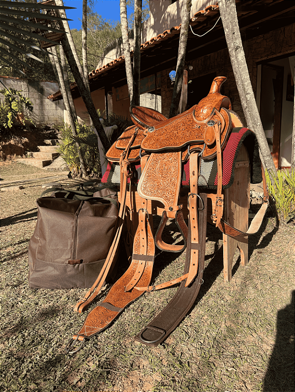 Sela Prova de Laço Team Roping Pro Entalhada + Manta e Bolsa