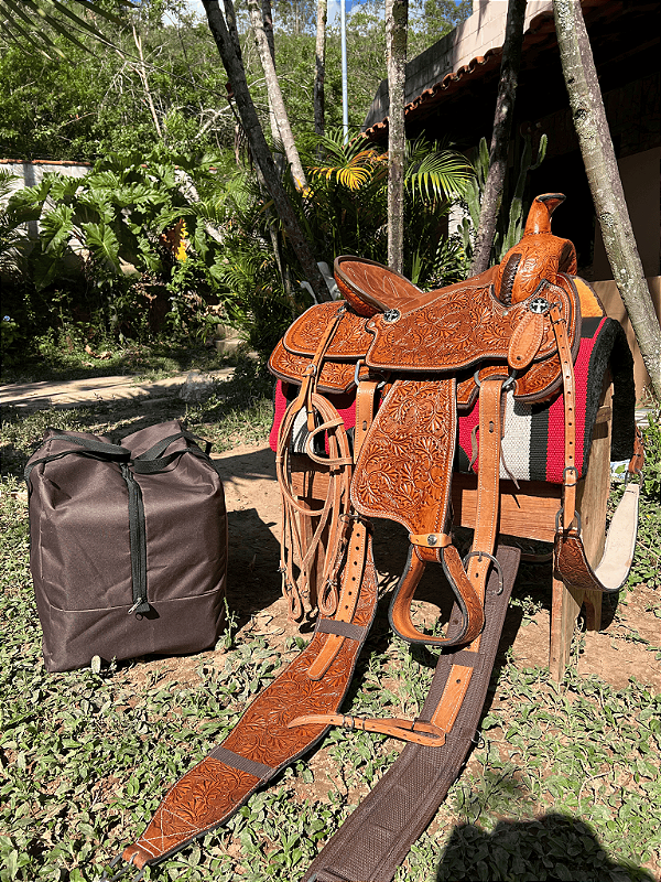 Sela Prova de Laço Team Roping Pro Entalhada + Manta e Bolsa