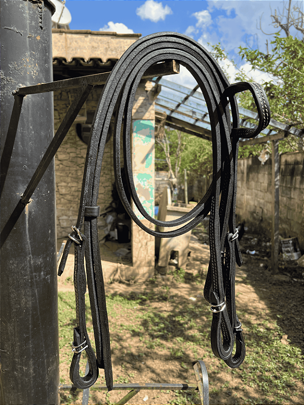 Cabeçada e Rédea Preta de Couro de Búfalo QM Premium