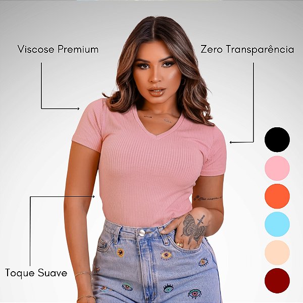 Blusa Feminina Básica Gola V com manga curta em Ribana Canelada Viscose PREMIUM