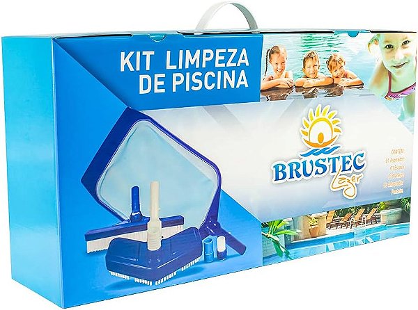 Kit de Limpeza para Piscina com Aspirador, Peneira, Escova e Ponteira Brustec Lazer Azul
