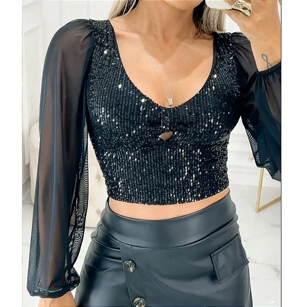 Cropped Paetê Festa – Manga Longa Bufante com Tule e Lantejoula