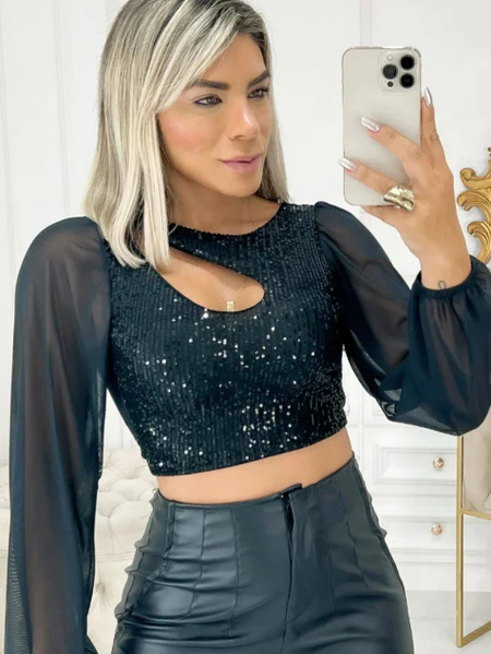 Cropped Gota Paetê – Manga Longa Bufante em Tule