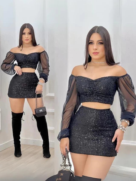 Cropped Tule Poá Luxo – Manga Longa Bufante e Brilho em Paetê