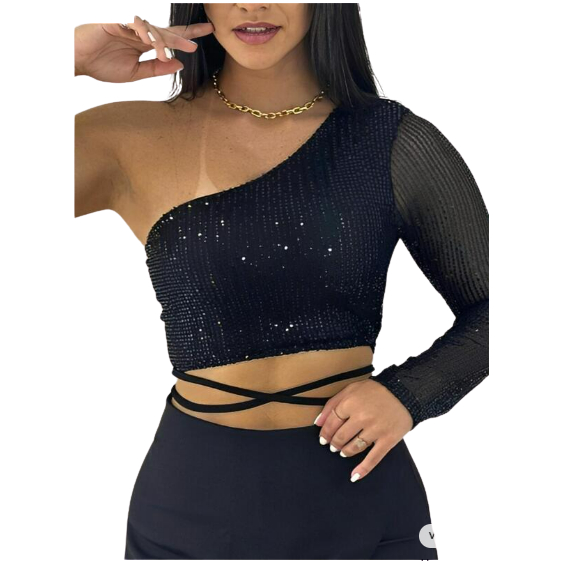 Cropped Shine One Sleeve – Paetê com Manga Única e Bojo Embutido