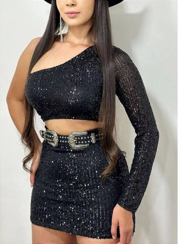 Conjunto Paetê Manga Única - Cropped e Saia