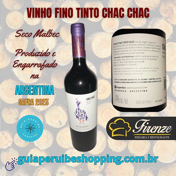 Garrafa de Vinho Fino tinto seco Argentino Chac Chac Malbec em Peruíbe