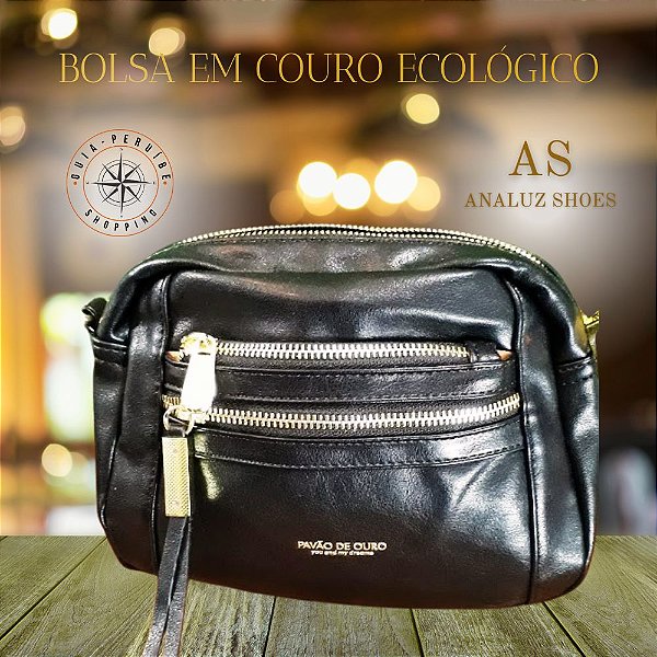 Bolsa pequena na cor Preta com dourado em Couro Ecológico Pavão de Ouro em Peruíbe