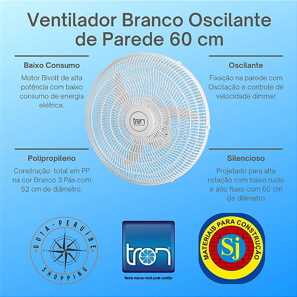 Ventilador de Parede Branco 60 cm Oscilante Tron em Peruíbe