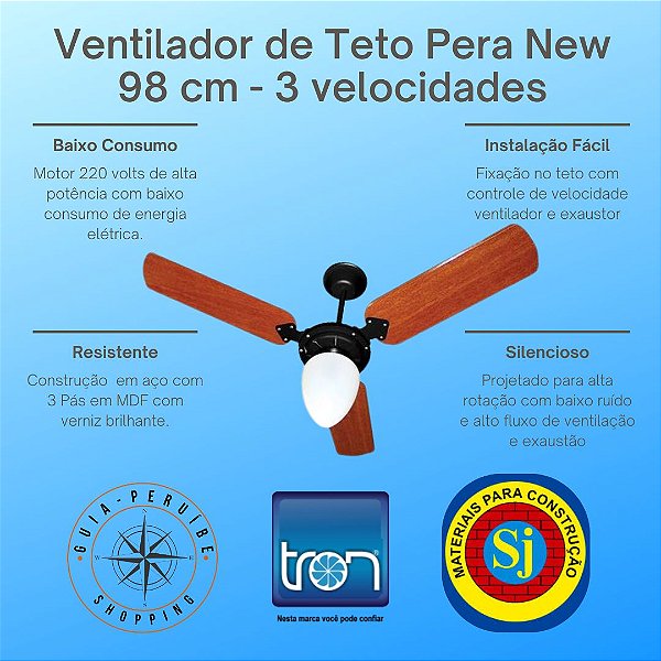 Ventilador de Teto Pera New 220V preto 96 cm Tron em Peruíbe