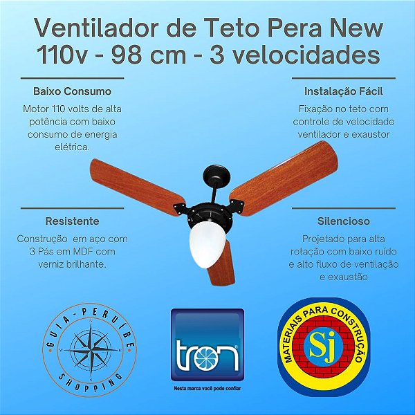 Ventilador de Teto Pera New 110V preto 96 cm Tron em Peruíbe