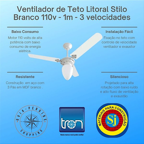 Ventilador de Teto Litoral Stilo Branco 110V 100 cm Tron em Peruíbe