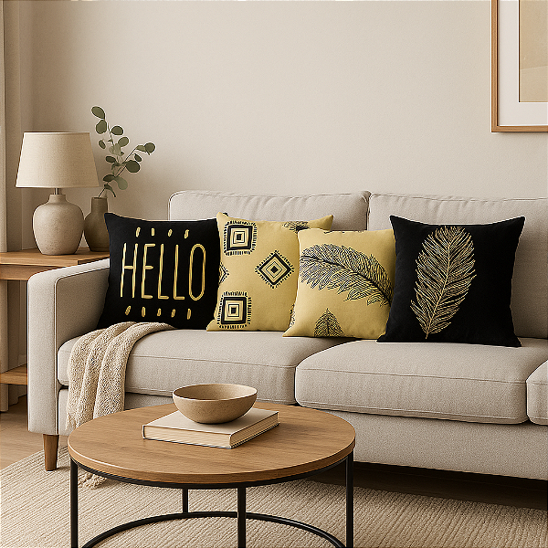 Kit 4 Almofadas Cheias Decorativas 45x45 Veludo Estilo Elegance Dourado & Preto
