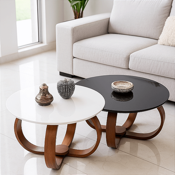 Jogo Mesa de Centro Decorativo Tampo Vidro Laca Preto e Branco com Pés Cebola Para Sala Escritório