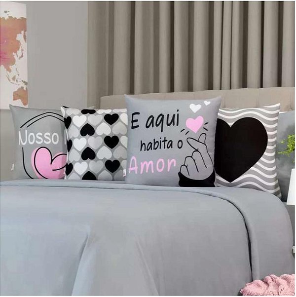 Kit c/4 Almofadas Cheias Decorativas Veludo 45x45 Amor em Tons de Cinza Para Sala ou Quarto