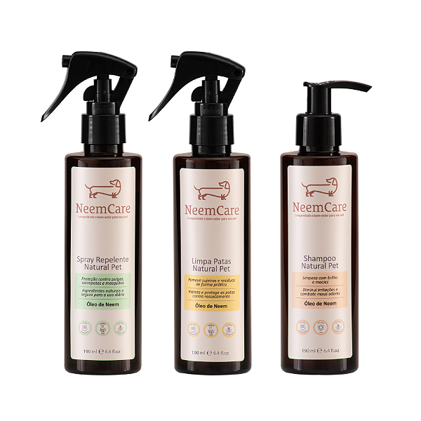 Kit Natural de Cuidados para Cães e Gatos – Repelente, Shampoo e Limpa Patas com Óleo de Neem para Proteção e Hidratação