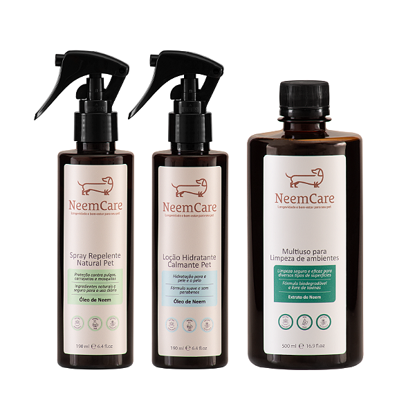 Kit Cuidado Completo NeemCare – Repelente + Hidratante + Multiuso | Proteção, Hidratação e Limpeza de Ambientes para Cães e Gatos!