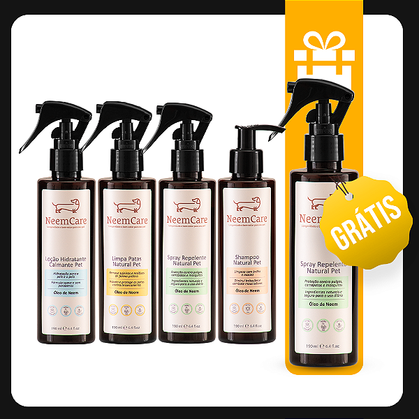 Kit Aniversário - Cuidado Completo NeemCare – Shampoo + Hidratante + Limpa patas + Repelente + Repelente de Brinde