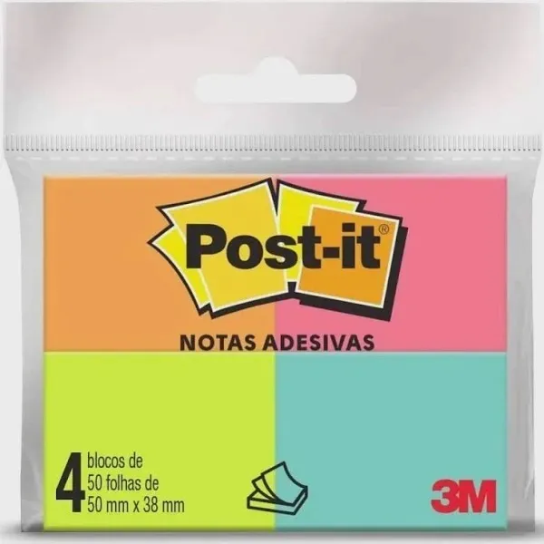 Bloco Adesivo Post-it 4 Cores 38mmx50mm Com 200fls - 3M
