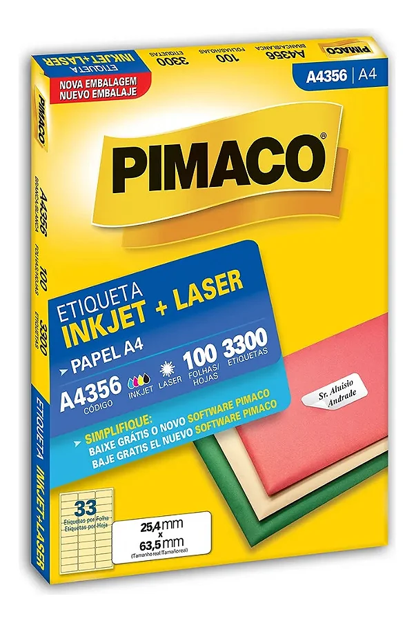 Etiqueta Ink-jet + Laser A4356 / 25,4mm X 63,5mm - Pimaco