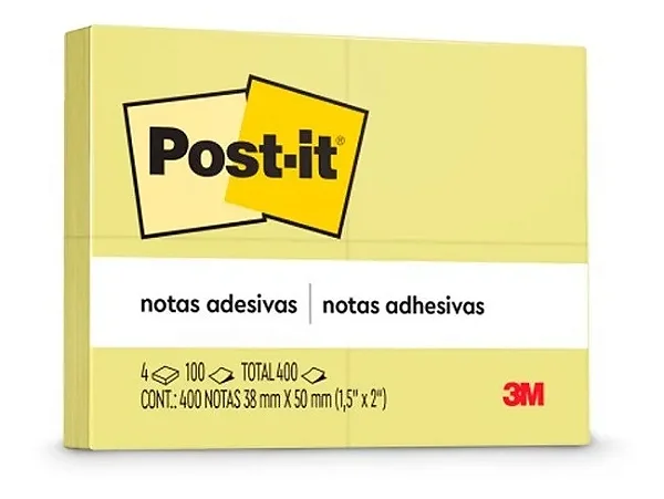 Bloco Adesivo Post-it 4 Unidades 38mmx50mm Com 100fls - 3M