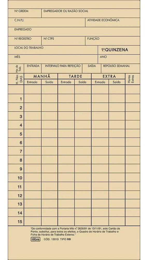 Cartão de Ponto Mensal RB - Tilibra