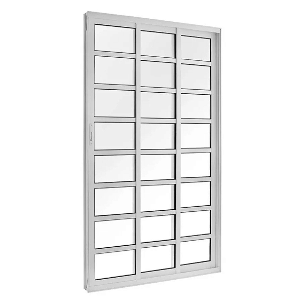 Porta de Correr Travessa 3 Folhas Móveis com Fecho - Vidro Liso - Alumínio Branco - Linha 25