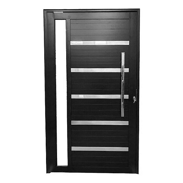 Porta Pivotante Lambril com Friso, Puxador e Vidro - Alumínio Preto - Linha 30