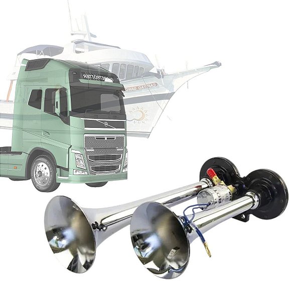 BUZINA DE AR DUPLA 2 CORNETAS CROMADA 24V CAMINHÃO/MARÍTIMA