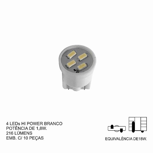 LÂMPADA LED T10 12V AUTOPOLI 1,8W BRANCA 2821 KIT 10 PEÇAS